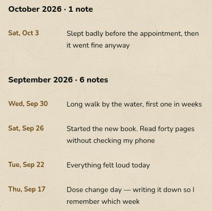 The Journal on paper: October 2026, 1 note, and September 2026, 6 notes, each day with its weekday and its sentence