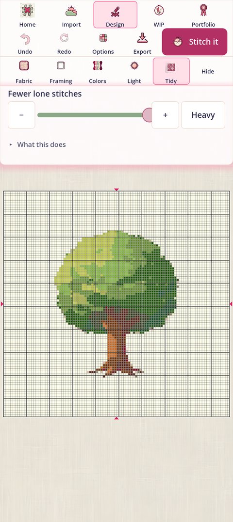 The Tidy card in Basic: only the Fewer lone stitches slider