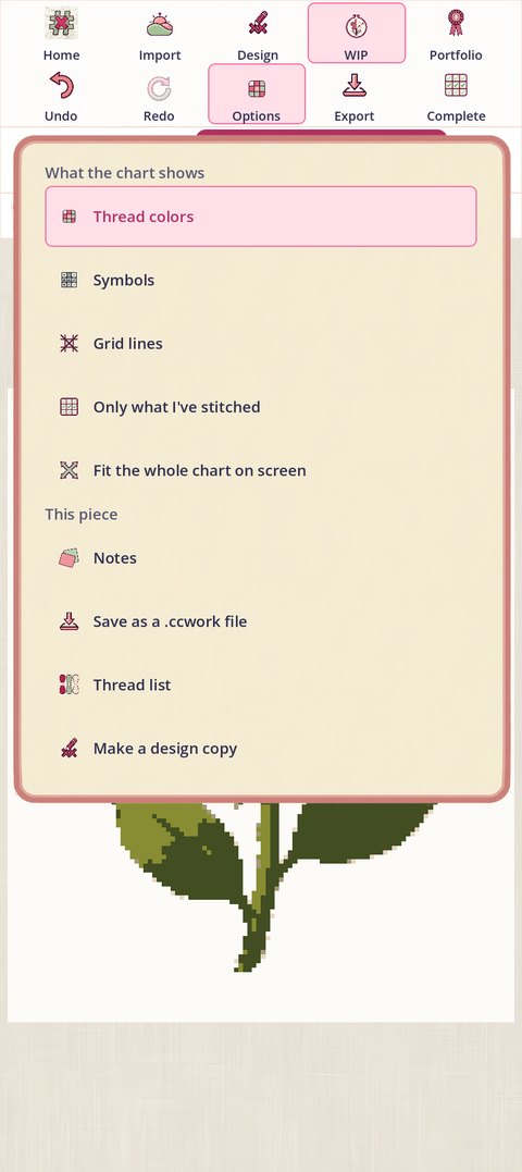 Options on a work in Basic: Thread colors, Symbols, Grid lines, Only what I've stitched, Fit the whole chart on screen, then Notes, Save as a .ccwork file, Thread list and Make a design copy