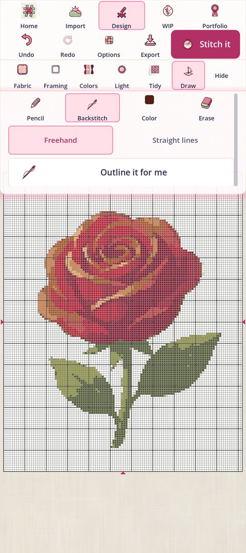 Backstitch armed: the Freehand or Straight lines row and an Outline it for me button