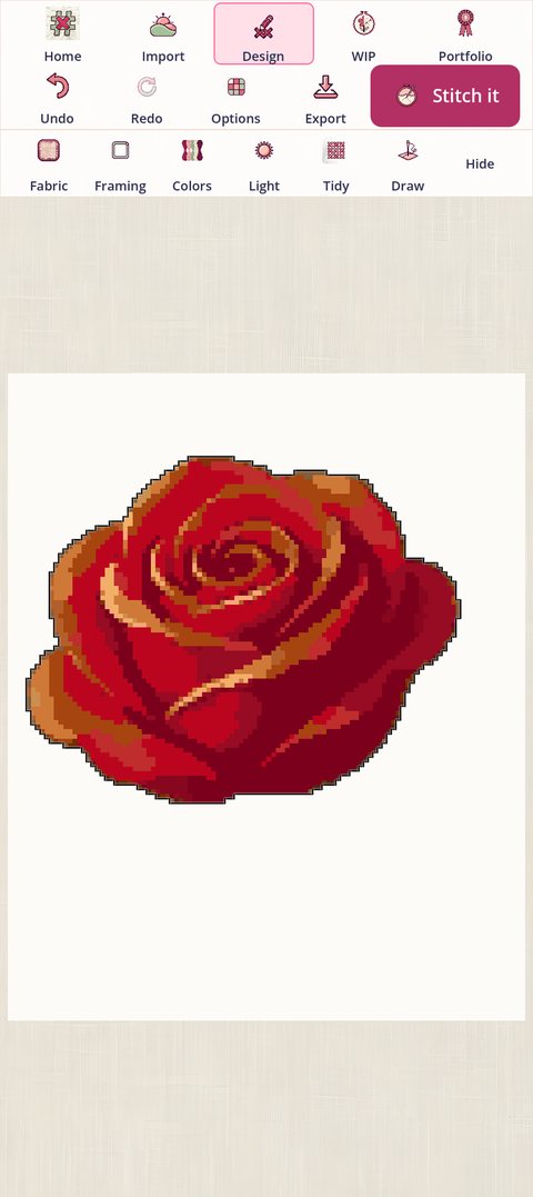 A charted rose on bare cloth after Around the subject: black backstitch following the petals all the way around, with no stray squares outside it
