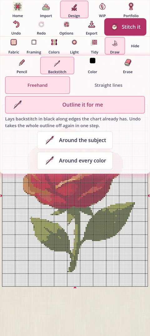Outline it for me open: a note, and the buttons Around the subject and Around every color
