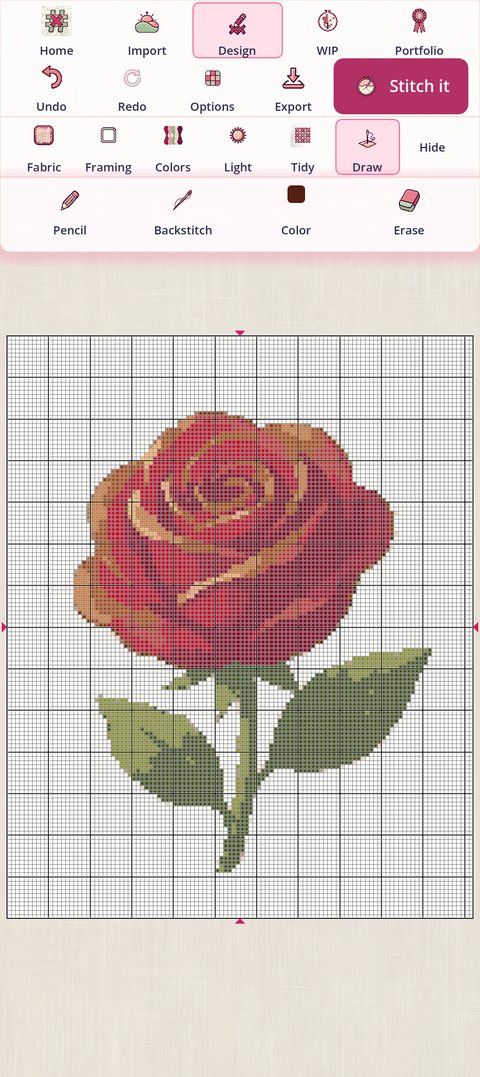 The Draw card at rest: Pencil, Backstitch, Color and Erase