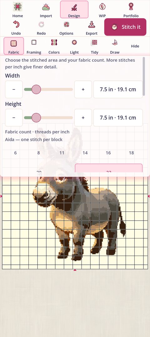 The Fabric card over the donkey chart: Width and Height sliders, each with its size beside it, then the fabric counts, Aida first