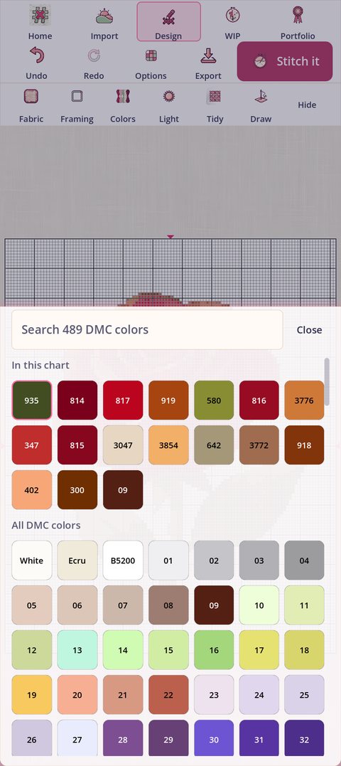The color picker: a search field over 489 DMC colors, and the In this chart swatches