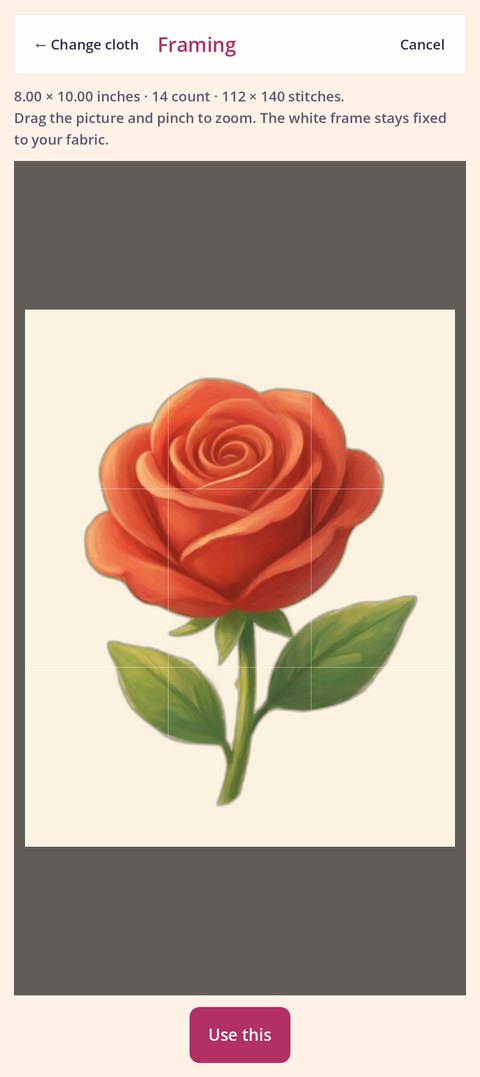 Framing: the original picture with the white frame over it, a Change cloth link, Cancel, and Use this