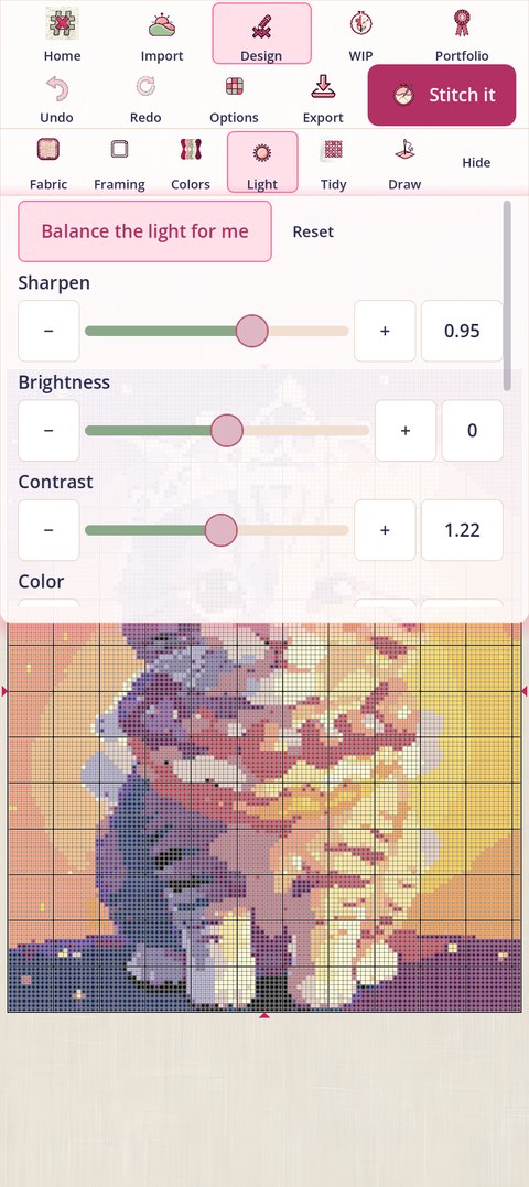 The Light card in Advanced: Balance the light for me and Reset, then Sharpen, Brightness, Contrast and Color sliders; Magic touch-up, Smooth out grain and Remove the background follow below, off the bottom of the picture