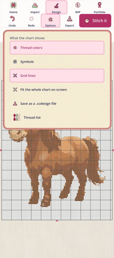 The Options popover over the horse chart: What the chart shows, with Thread colors and Grid lines on and Symbols off, then Fit the whole chart on screen, Save as a .ccdesign file, and Thread list