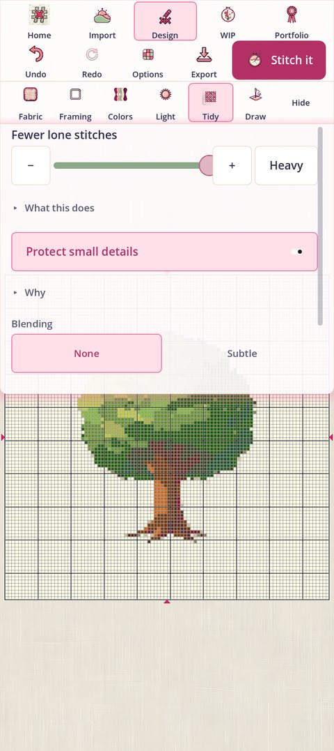 The Tidy card in Advanced: Fewer lone stitches, Protect small details, and Blending
