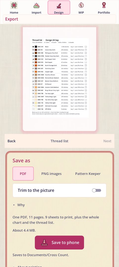 Export showing the Thread list page, headed with the chart's name
