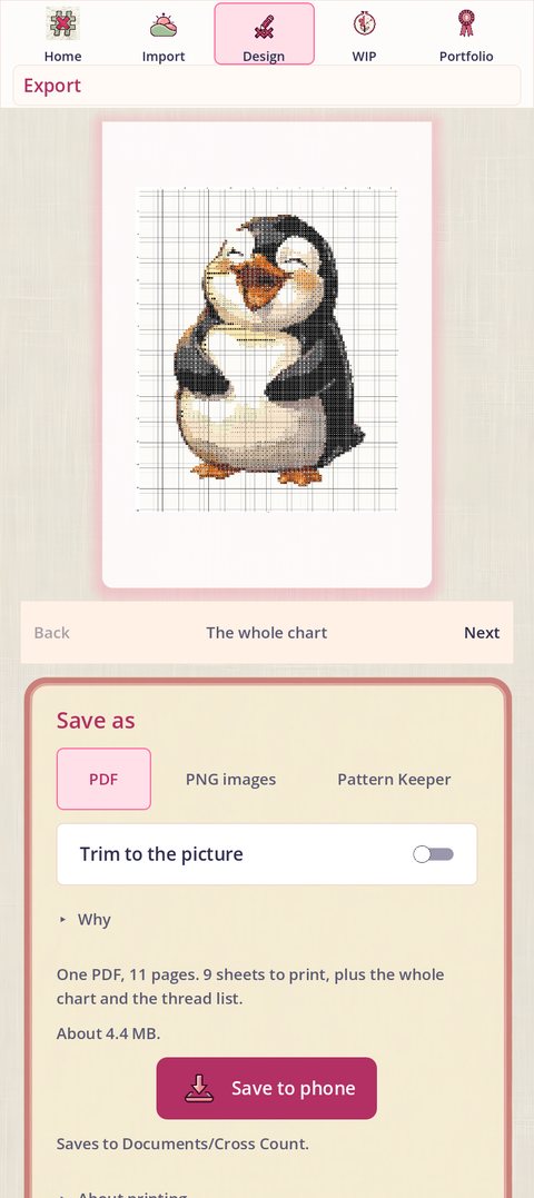 Export: a preview of the whole penguin chart on a page, Back and Next, Save as PDF, PNG images or Pattern Keeper, Trim to the picture, and a Save to phone button with Saves to Documents/Cross Count under it