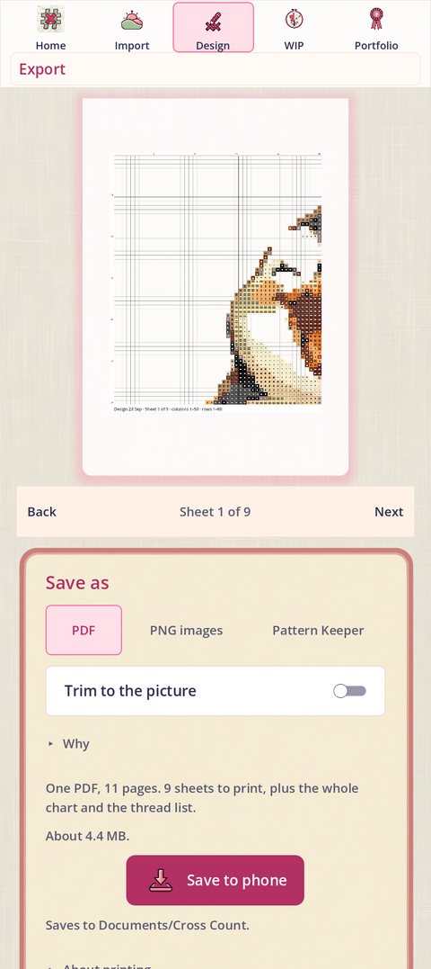 Export showing Sheet 1 of 9: one tile of the penguin chart at stitching scale, its symbols on the thread colors and a line under it naming the sheet