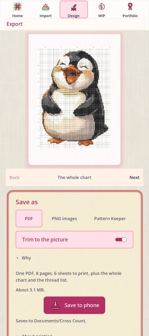 Export with Trim to the picture on: the whole-chart page cropped to the penguin, 8 pages, 6 sheets to print