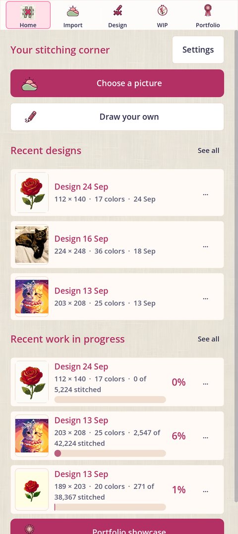 Home, with the Settings button at the top right of Your stitching corner