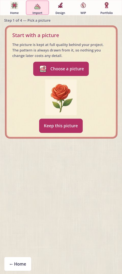 Step 1 of 4, Pick a picture: a card headed Start with a picture, with a Choose a picture button, and under it the rose already chosen and a Keep this picture button