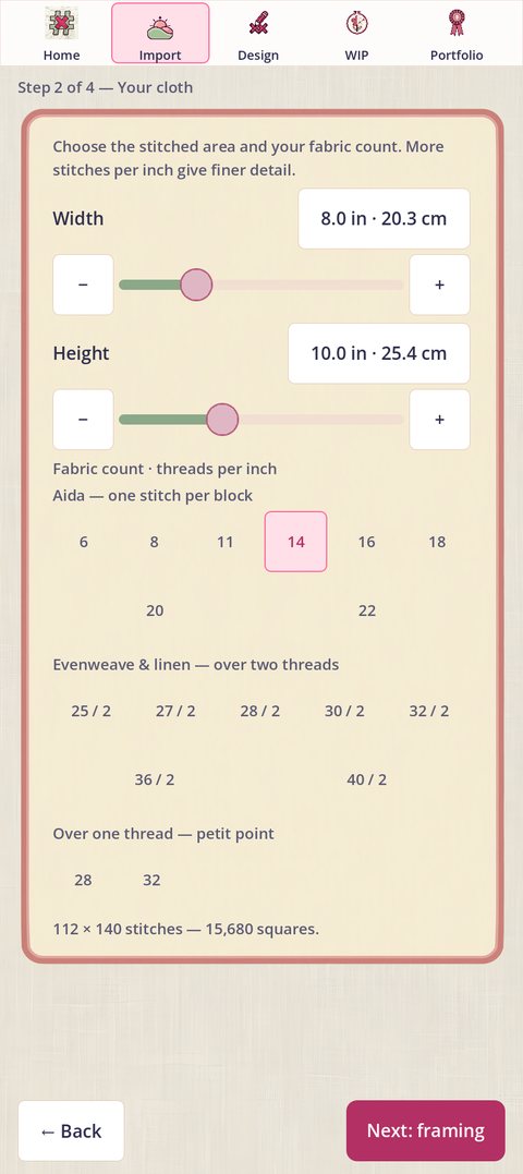 Step 2 of 4: Your cloth, with Width and Height sliders in inches and centimeters, the fabric counts as chips under three headings, Aida, Evenweave and linen over two, and Over one thread, with 14 chosen, and the line 112 by 140 stitches, 15,680 squares