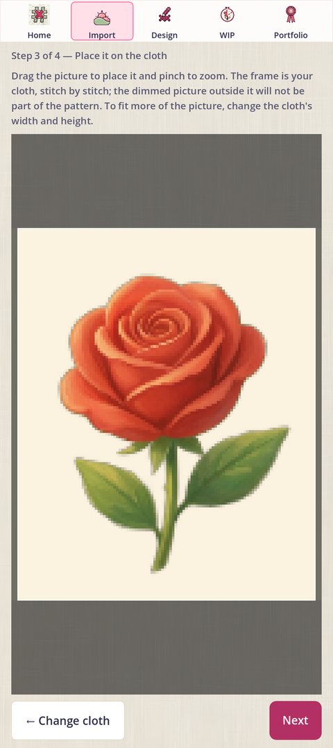 Step 3 of 4: Place it on the cloth. The rose picture inside a white frame in the proportions of the cloth, with Change cloth and Next under it