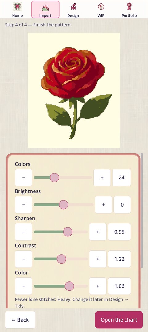 Step 4 of 4: Finish the pattern. A small preview of the chart above sliders for Colors, Brightness, Sharpen, Contrast and Color, the line Fewer lone stitches: Heavy. Change it later in Design, Tidy, and an Open the chart button
