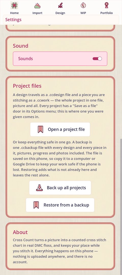 Settings, further down: the Project files card with Open a project file, Back up all projects and Restore from a backup
