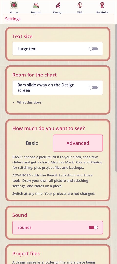 Settings: the How much do you want to see? card with Basic and Advanced, Advanced lit; above it, Room for the chart with its Bars slide away on the Design screen switch