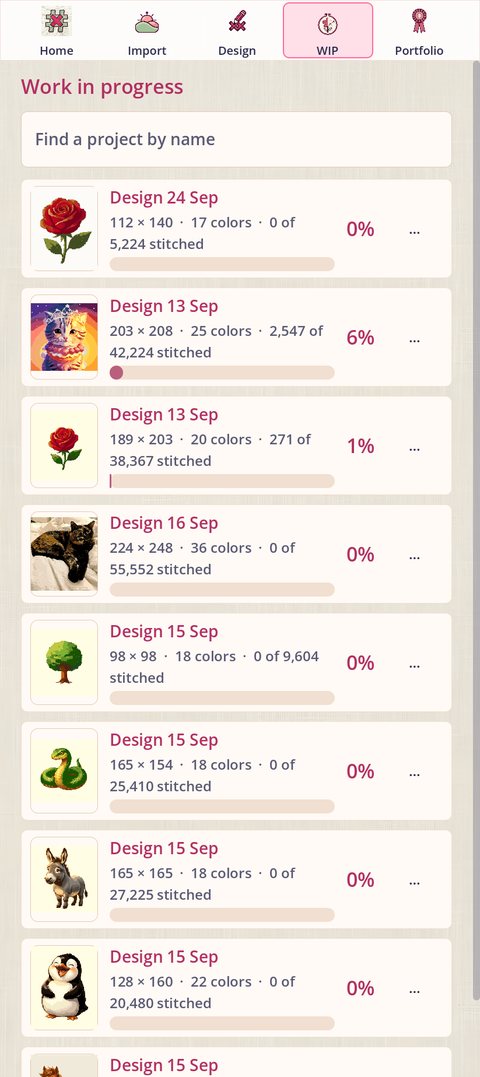 Work in progress: a search field and a card for each piece with its stitches done, a percentage and a progress bar; the kitten at 6%, a rose at 1%, the others at 0%