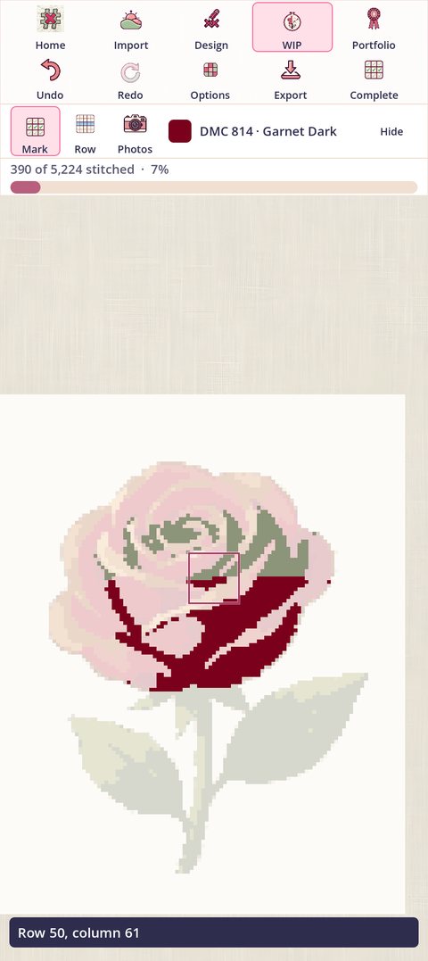 The rose at the same zoom with a fingertip-sized ring around one square, and a message reading Row 50, column 61