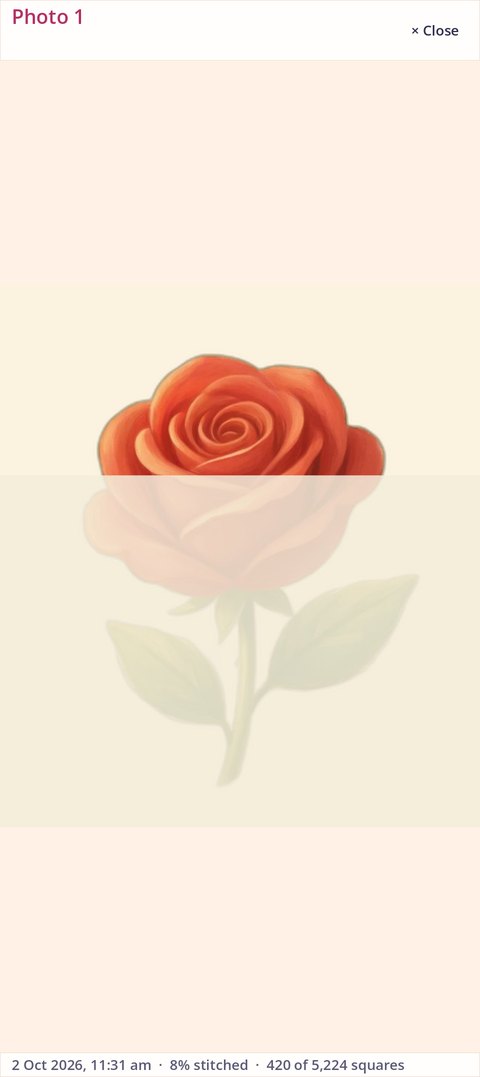 One photo full screen, with its name above, a Close button, and its date and progress below