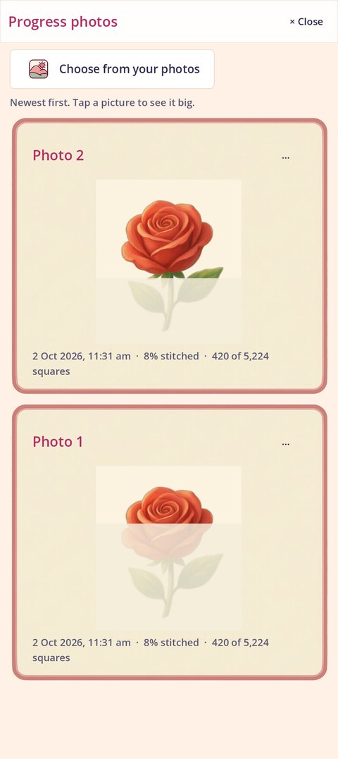 Progress photos: a Choose from your photos button, then Photo 2 and Photo 1, each with its date, time, percentage and stitch count