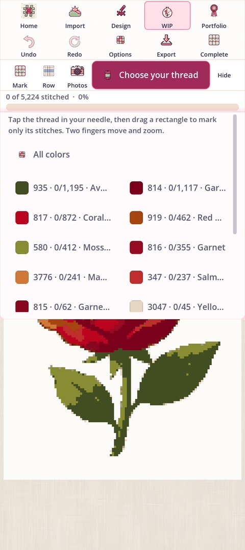 The thread panel: a note, an All colors row, then every thread in the piece two to a row, each with a swatch, then its number, done of total and name, as in 814, 0 of 1,117, Garnet Dark, the name cut short