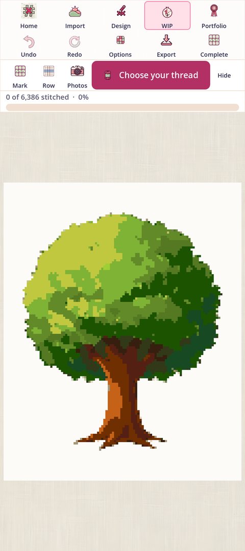 The WIP screen: Undo, Redo, Options, Export and Complete; then Mark, Row, Photos, a rose Choose your thread button and Hide; then 0 of 6,386 stitched, 0%; then the tree chart
