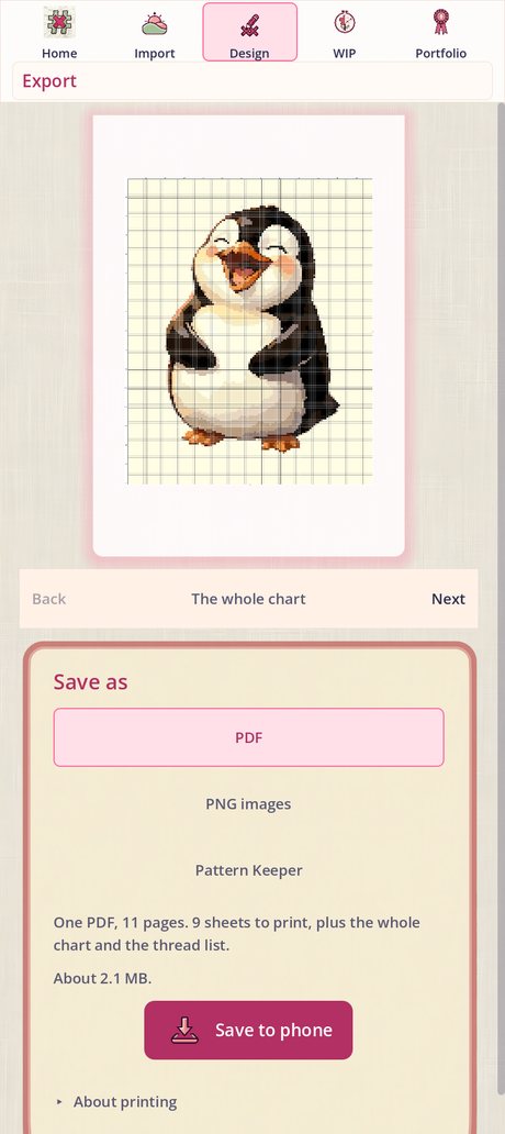 The export screen: a page preview of the whole penguin chart, and a choice of PDF, PNG images or Pattern Keeper