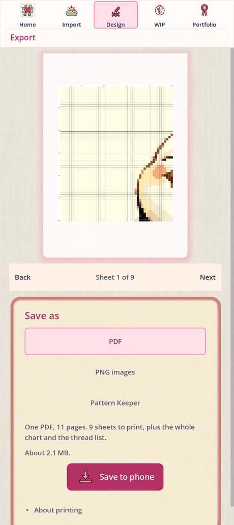 Sheet 1 of 9 in the export preview: one printed page of the chart at stitching scale