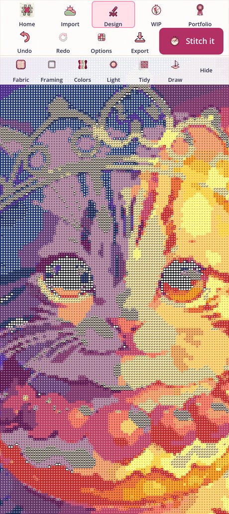 Cross Count showing a chart of a crowned kitten zoomed in, every square in its thread color with that thread's symbol on top
