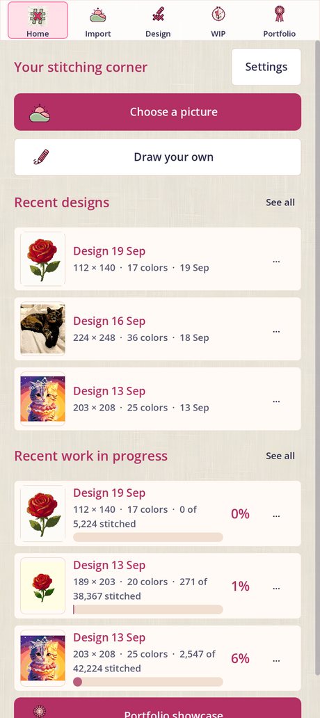 The home screen: Choose a picture and Draw your own, then recent designs and recent work in progress with their percentages