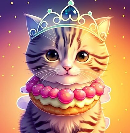 A kitten wearing a jewelled crown and a necklace of sweets, against a sunset