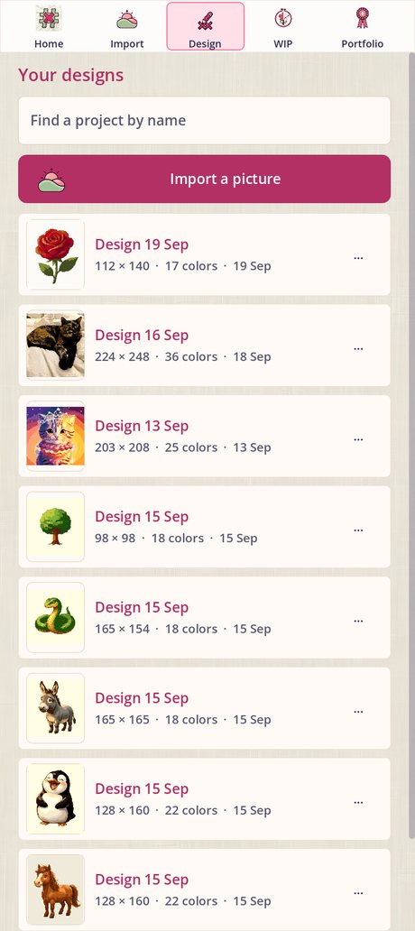 The design library: an Import a picture button, then a card for each chart with its thumbnail, size and thread count