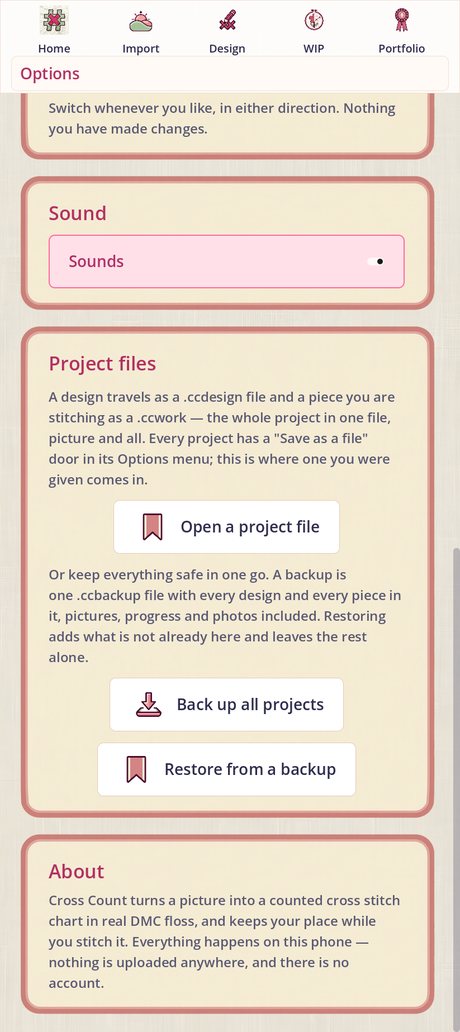 The Project files card in Settings: Open a project file, Back up all projects and Restore from a backup