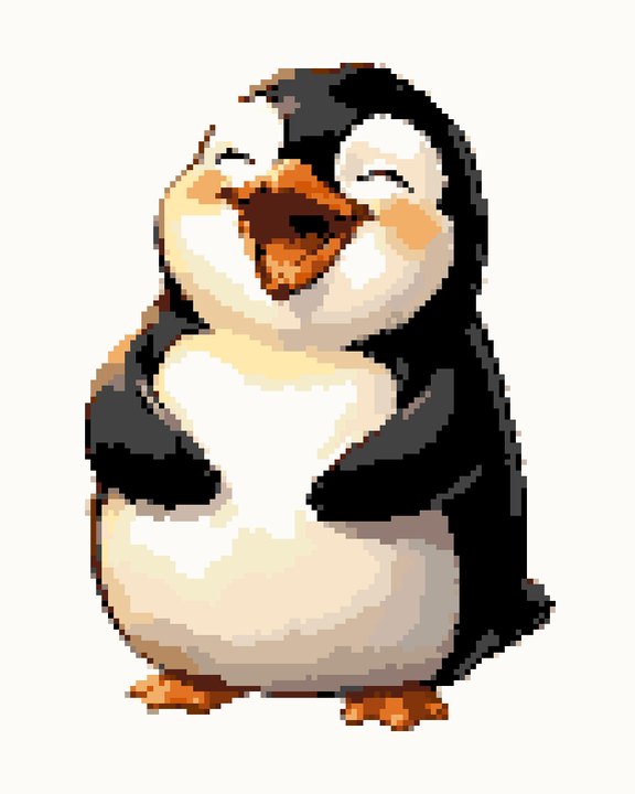 The chart of a laughing penguin, as colored squares on cream cloth