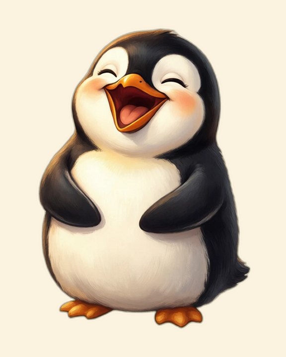 A painted penguin laughing with its eyes shut and its flippers at its sides, on cream