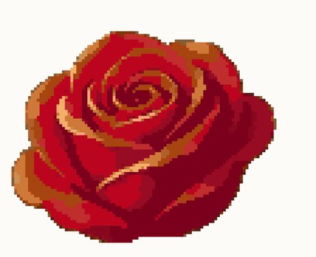 The chart of a red rose, its petals as colored squares on cream cloth