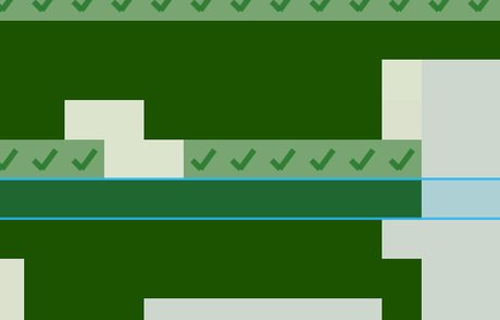 A row just ticked off: its squares washed green with a check in each, and the bright blue band stepped down to the next row underneath them