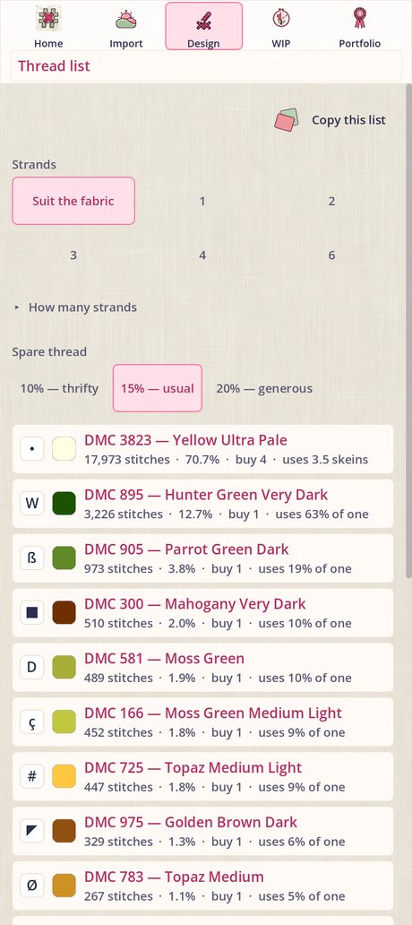 The thread list for a snake chart: a row per shade showing its symbol in a box, a swatch of the color, the DMC number and name, the stitch count, and how many skeins to buy