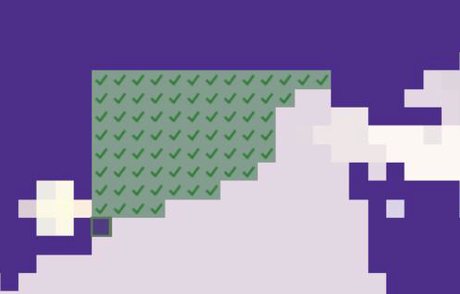 A close-up of the chart while marking: the chosen thread's squares in their purple, the other colors dimmed, and a rectangle of finished squares washed green with a tick in each