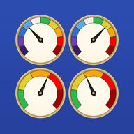 The Four Dials app icon: four small gauges, two by two, each with its band of colors and a black needle, on a blue sky