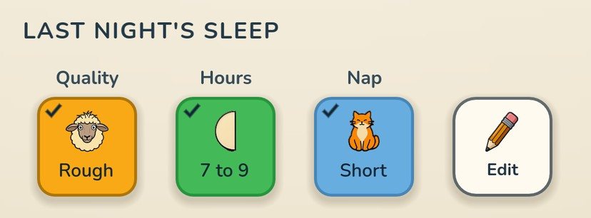 LAST NIGHT’S SLEEP answered: Quality Rough, Hours 7 to 9 and Nap Short, and an Edit square