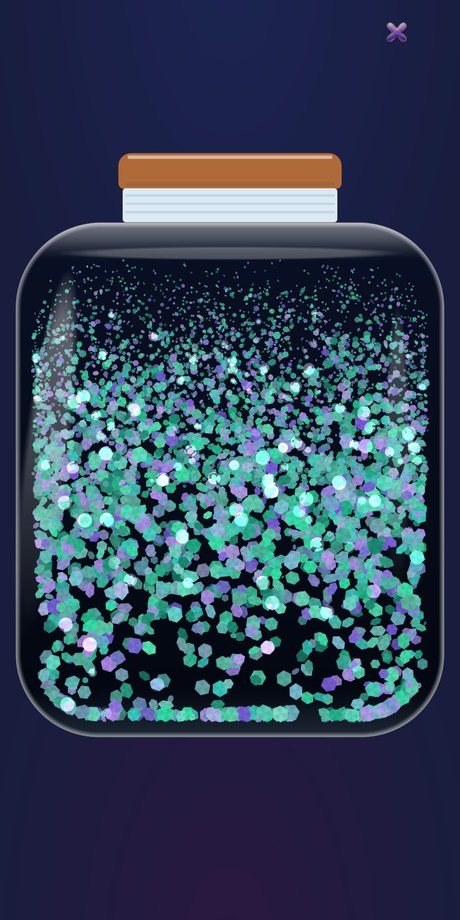 Zen mode — the jar filling the entire screen with mint and violet aurora glitter, with only a small close button in the corner