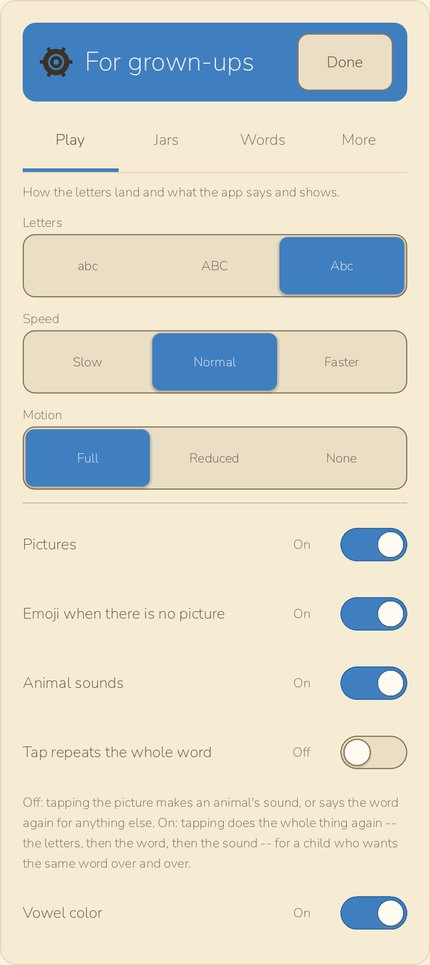The parent screen, Play tab: Letters as abc, ABC and Abc; Speed as Slow, Normal and Faster; Motion as Full, Reduced and None; then switches for Pictures, Emoji when there is no picture, Animal sounds, Tap repeats the whole word and Vowel color