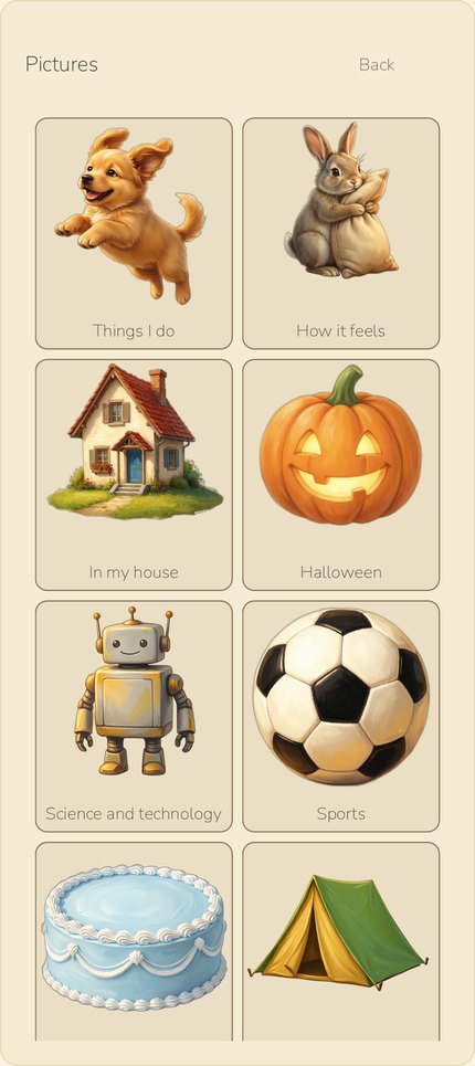 The picture shelf: large cards for Things I do with a leaping puppy, How it feels with a rabbit, In my house with a cottage, Halloween with a carved pumpkin, Science and technology with a robot, and Sports with a football