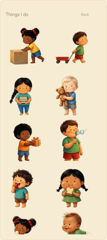 Inside Things I do: painted children carrying a box, pulling a red wagon, holding books, holding a teddy, giving a present, blowing bubbles, eating an apple and eating a sandwich