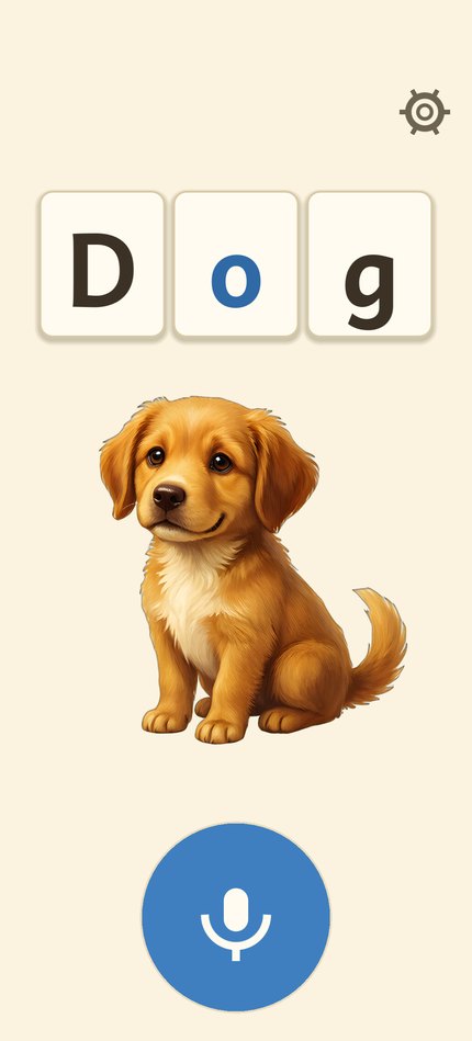 The board after a word: Dog on three large cards with the o in blue, a golden puppy below them, and the big blue microphone button waiting at the bottom